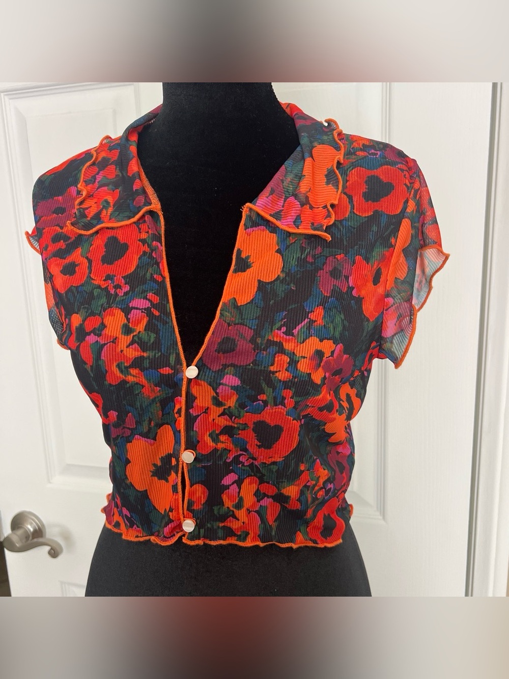 Urban Outfitters Sheer Floral Ruffle Crop Top - Black & Orange